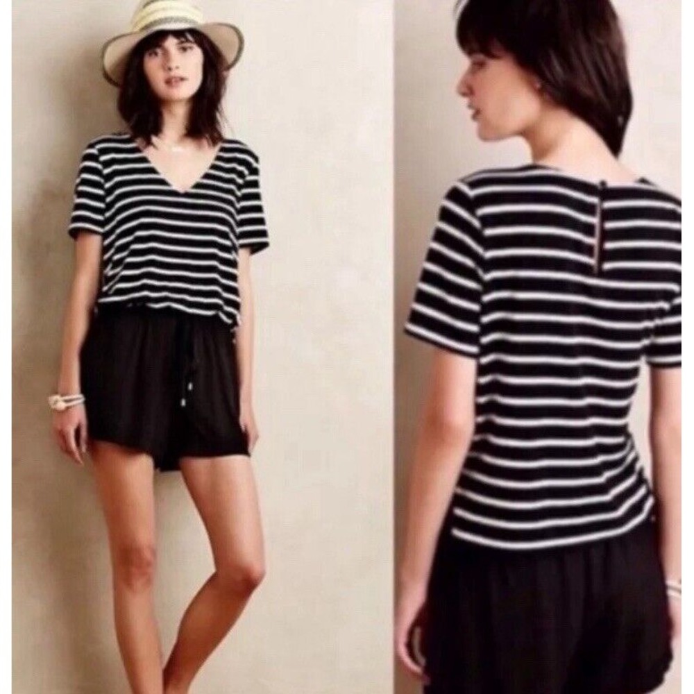 Elevenses Women's‎ Medium Romper Keyhole Back Drawstring Waist Striped Black